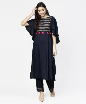 Navy Blue Yoke Printed 3/4Th Sleeve Cotton Yoke Printed Kurta With Ankle Length Palazzo