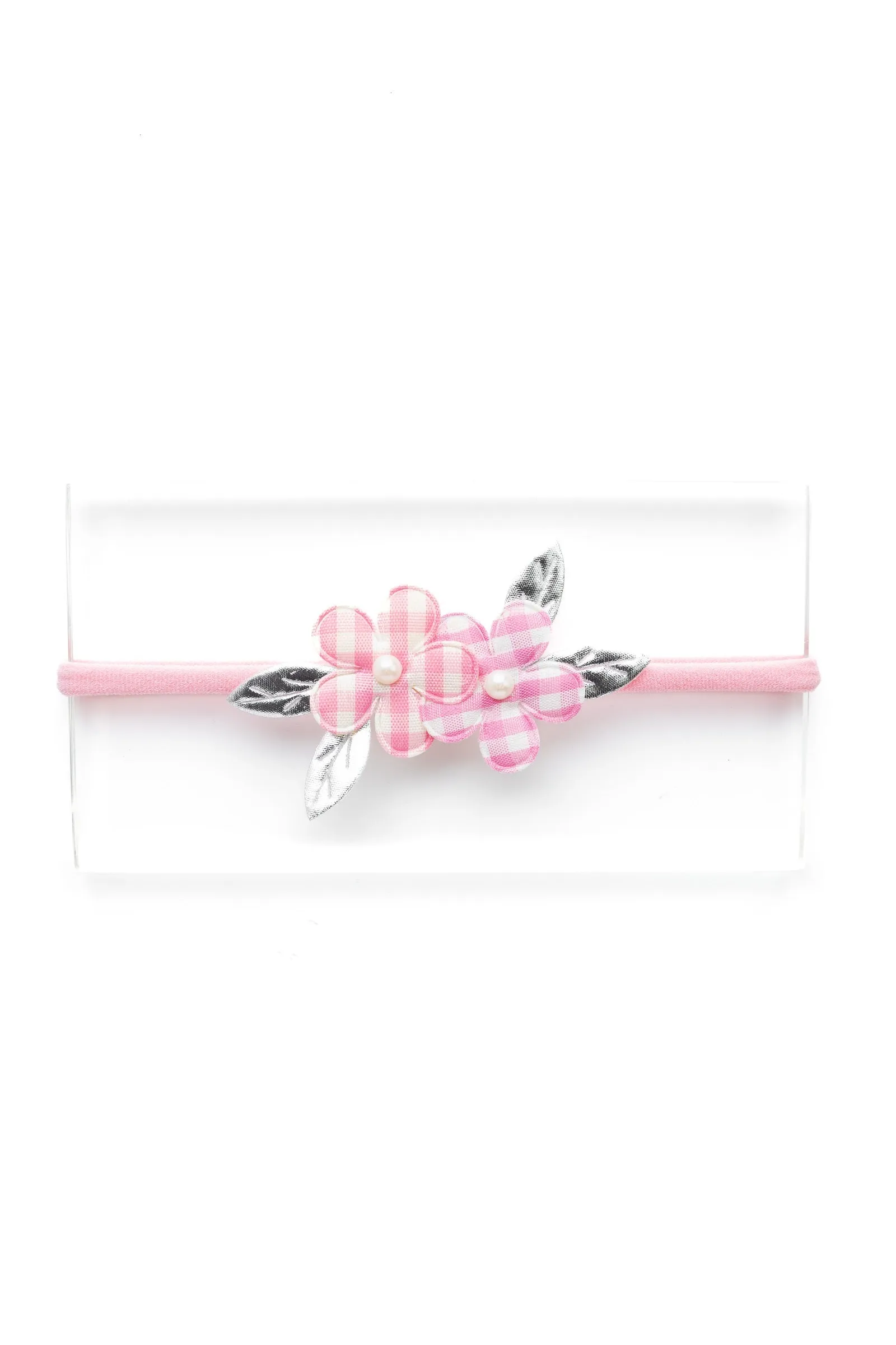 Newborn Checkered Flower Headband- Light Pink