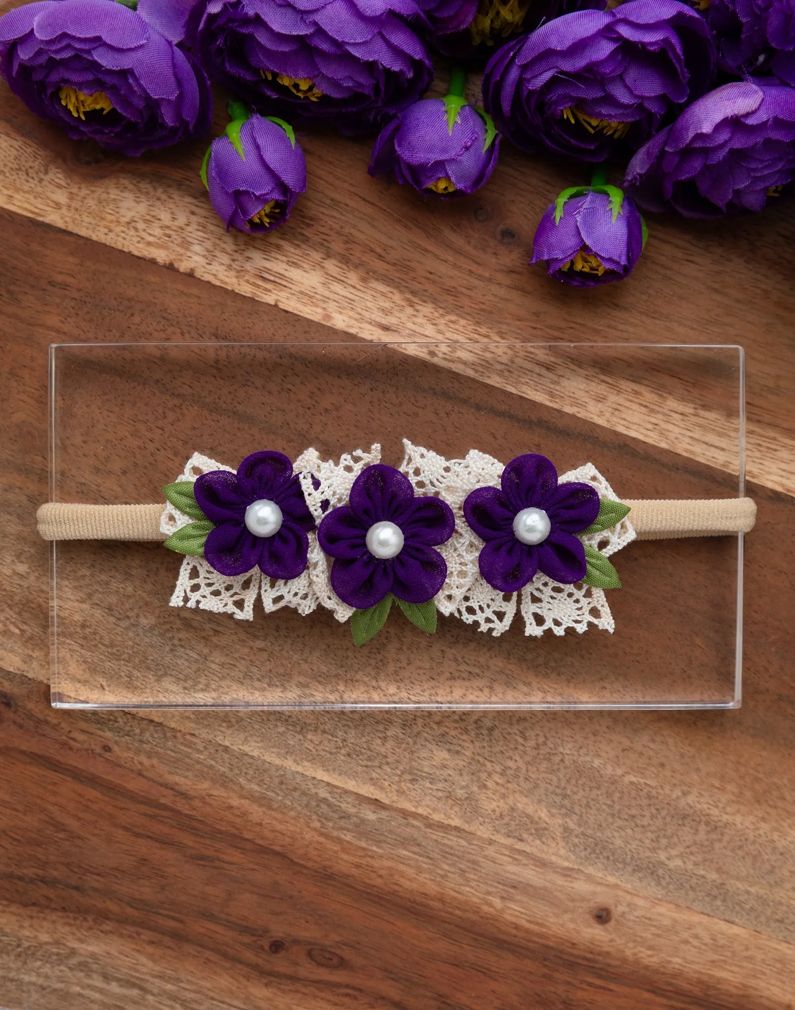 Newborn Three Flower Chiffon & Lace Headband- Purple