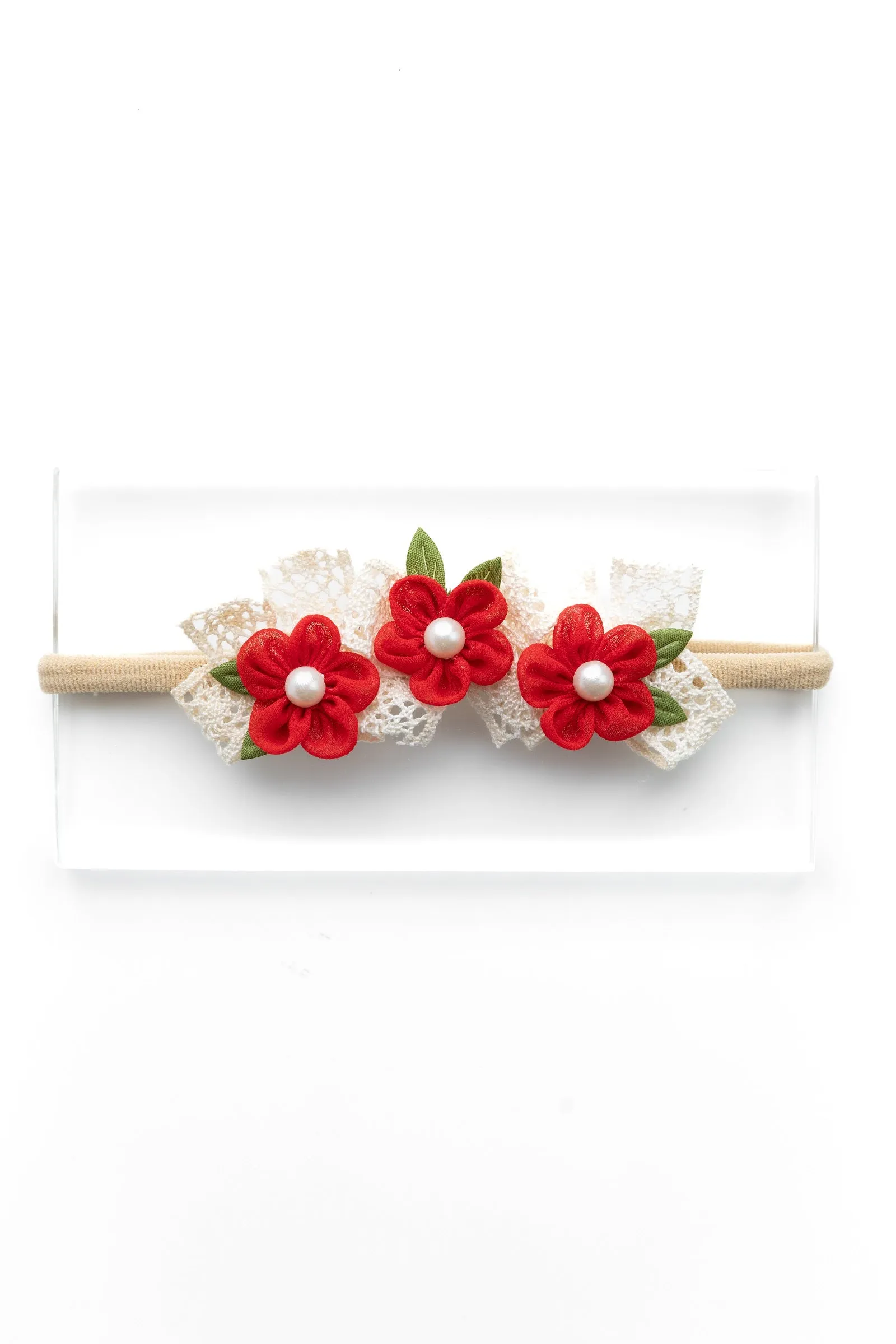 Newborn Three Flower Chiffon & Lace Headband- Red