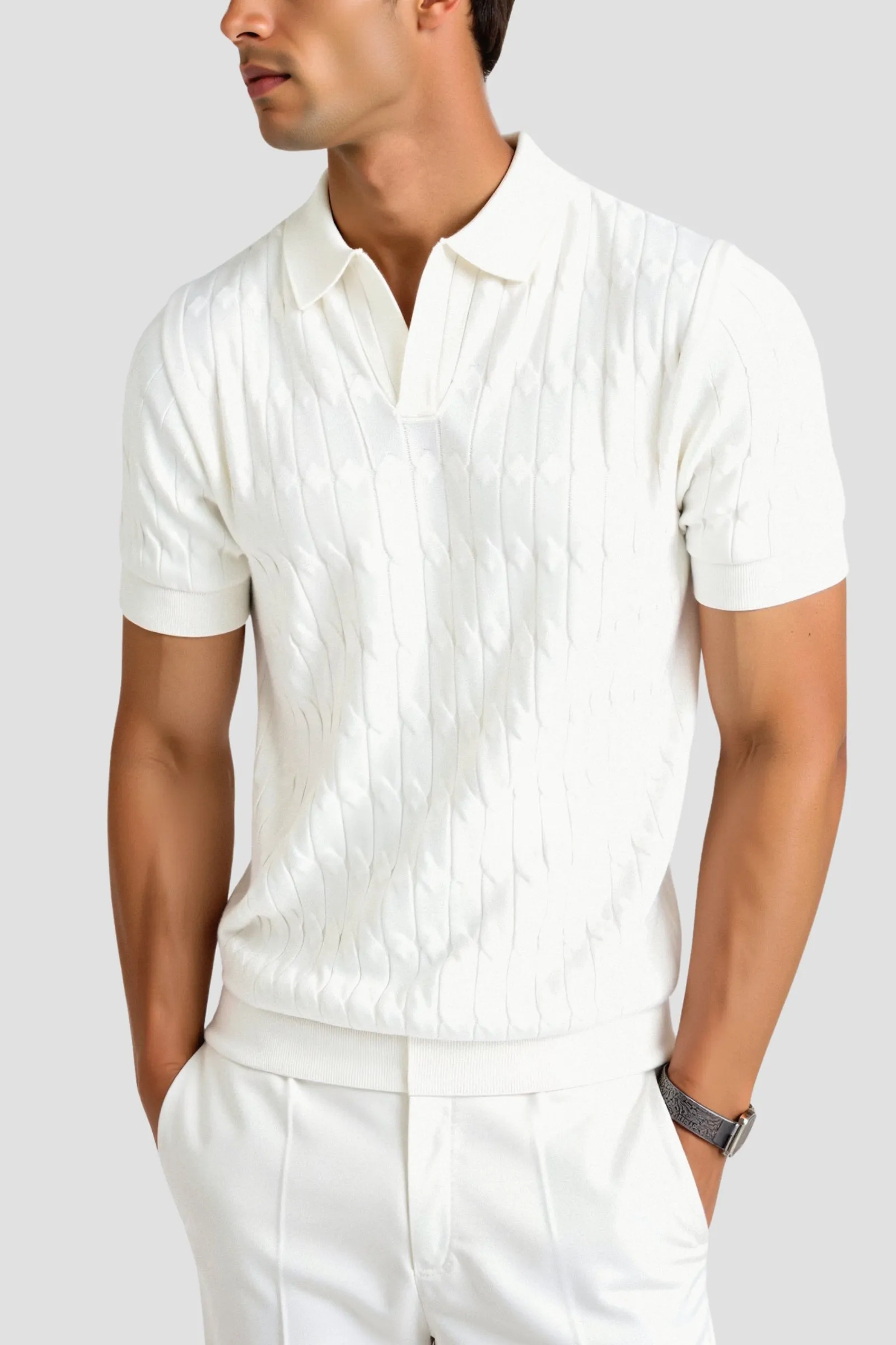 Old Money Premium V-Neck Cable Knit Polo T-Shirt