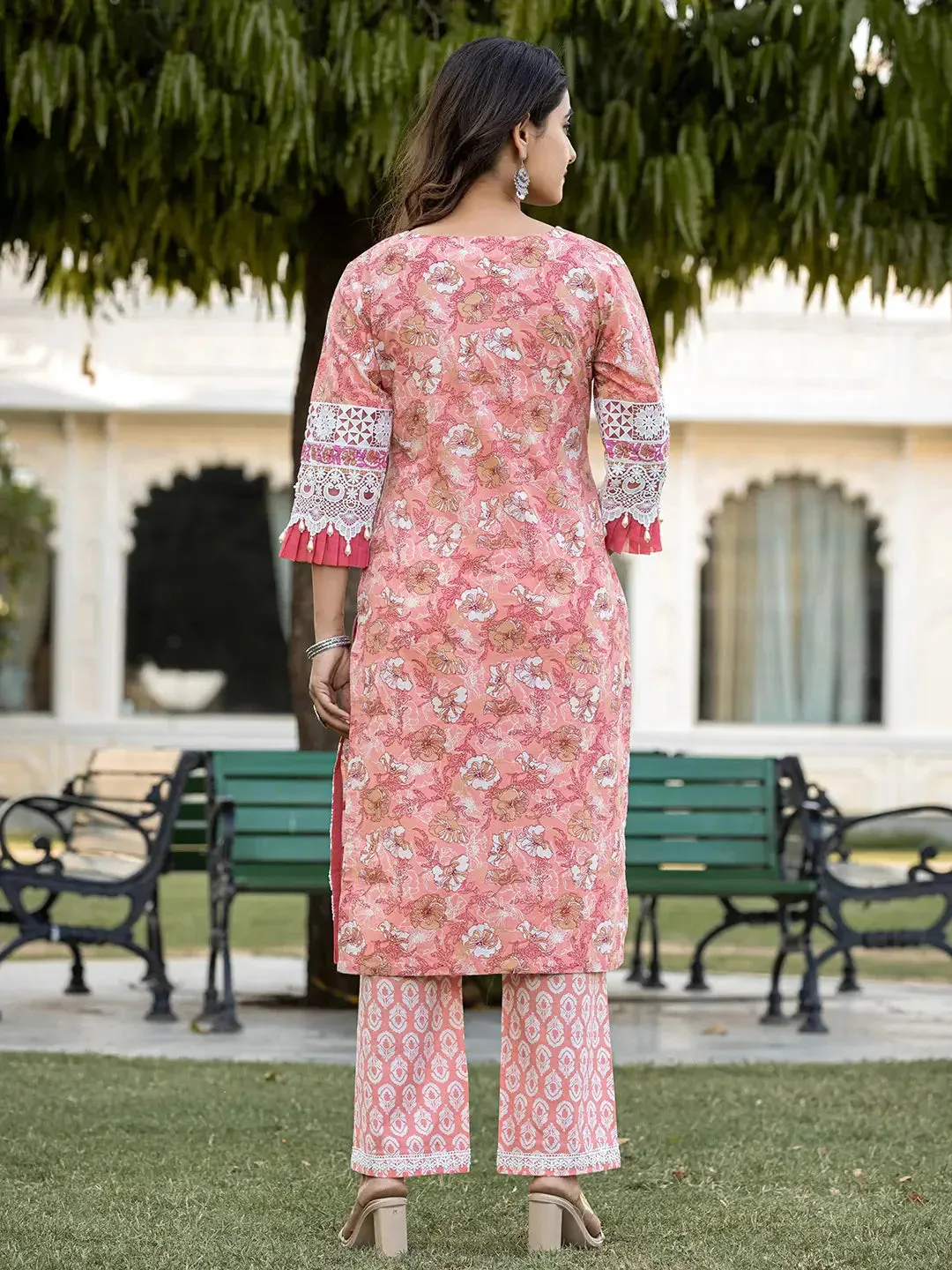 Peach Floral Print Straight Pakistani Style Kurta Trouser And Dupatta Set