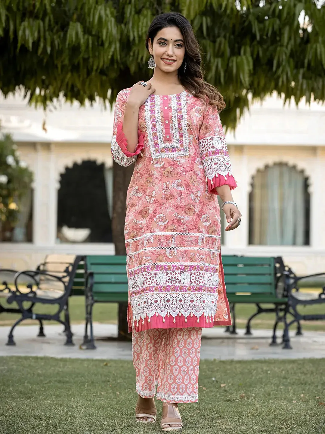 Peach Floral Print Straight Pakistani Style Kurta Trouser And Dupatta Set