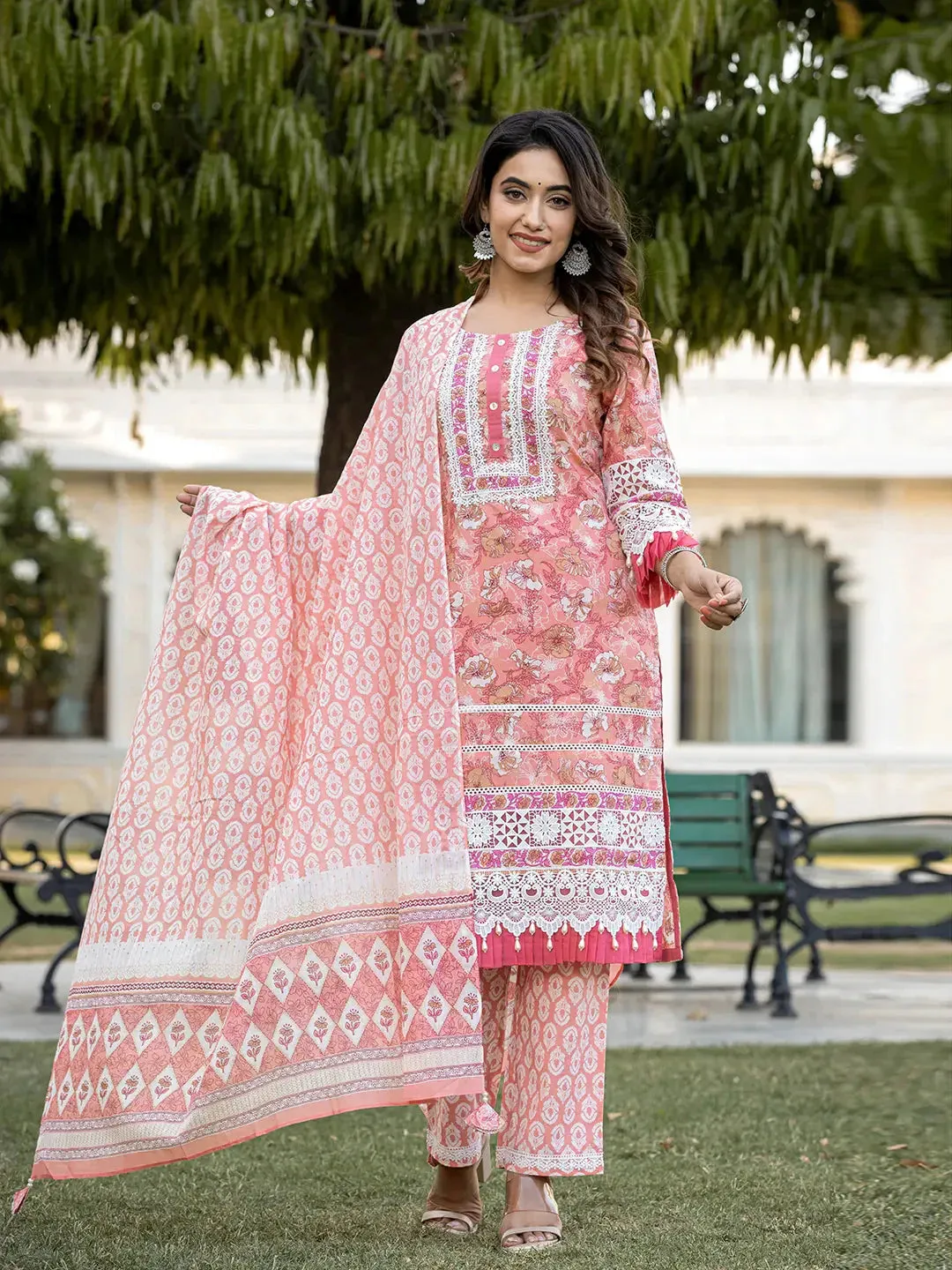 Peach Floral Print Straight Pakistani Style Kurta Trouser And Dupatta Set