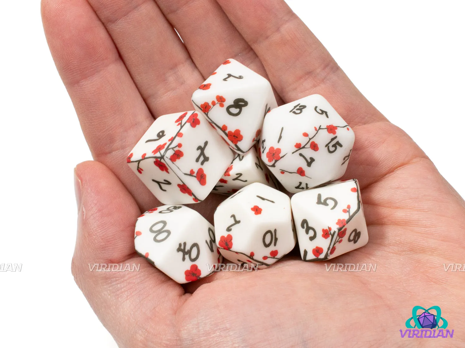 Plum Blossom | Porcelain-Like Dice, Decal Red Flower & Black Vine Design | Resin Dice Set (7)