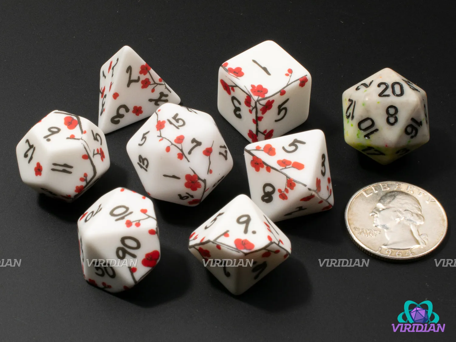 Plum Blossom | Porcelain-Like Dice, Decal Red Flower & Black Vine Design | Resin Dice Set (7)