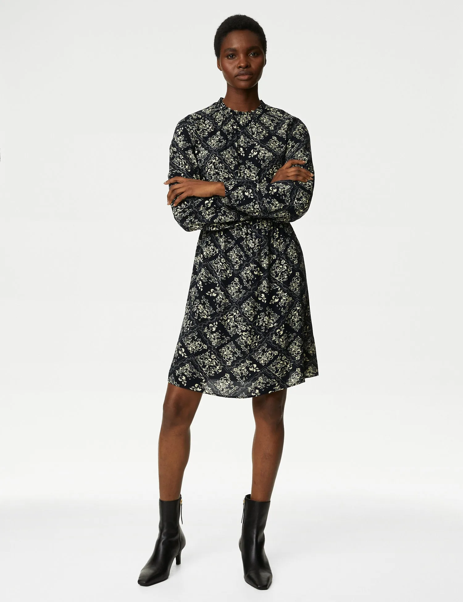 Printed Funnel Neck Mini Dress