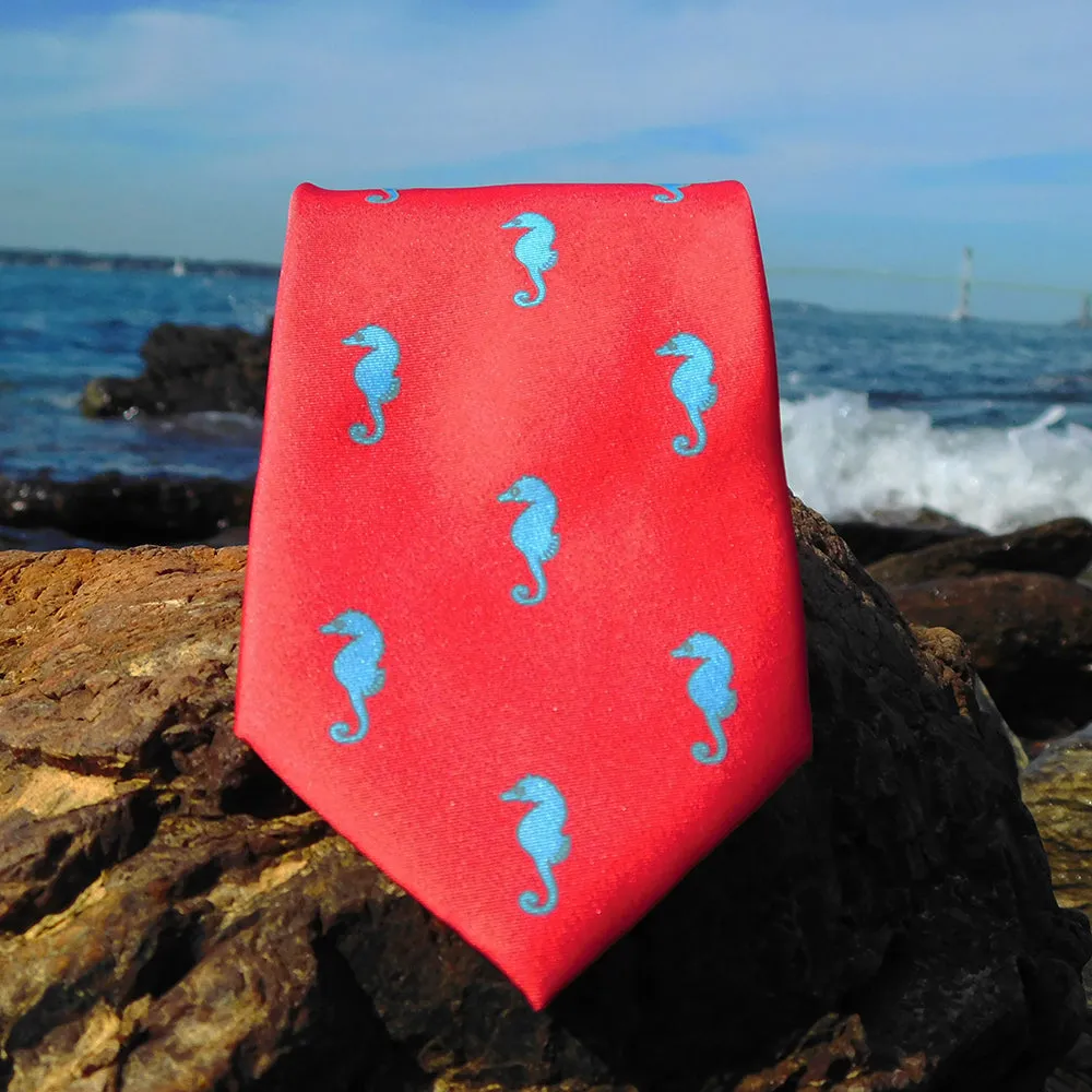 Seahorse Necktie - Coral Pink, Printed Silk