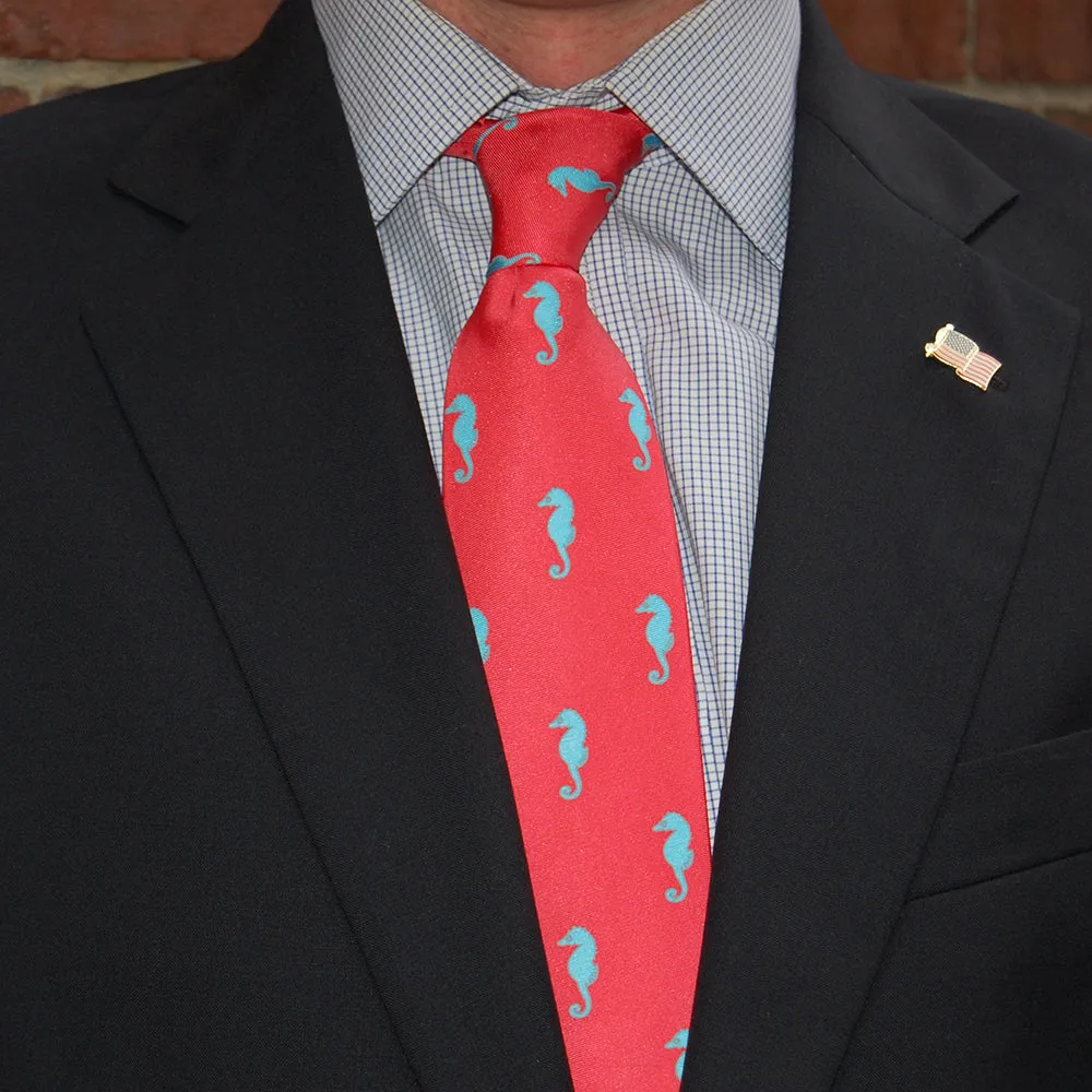 Seahorse Necktie - Coral Pink, Printed Silk