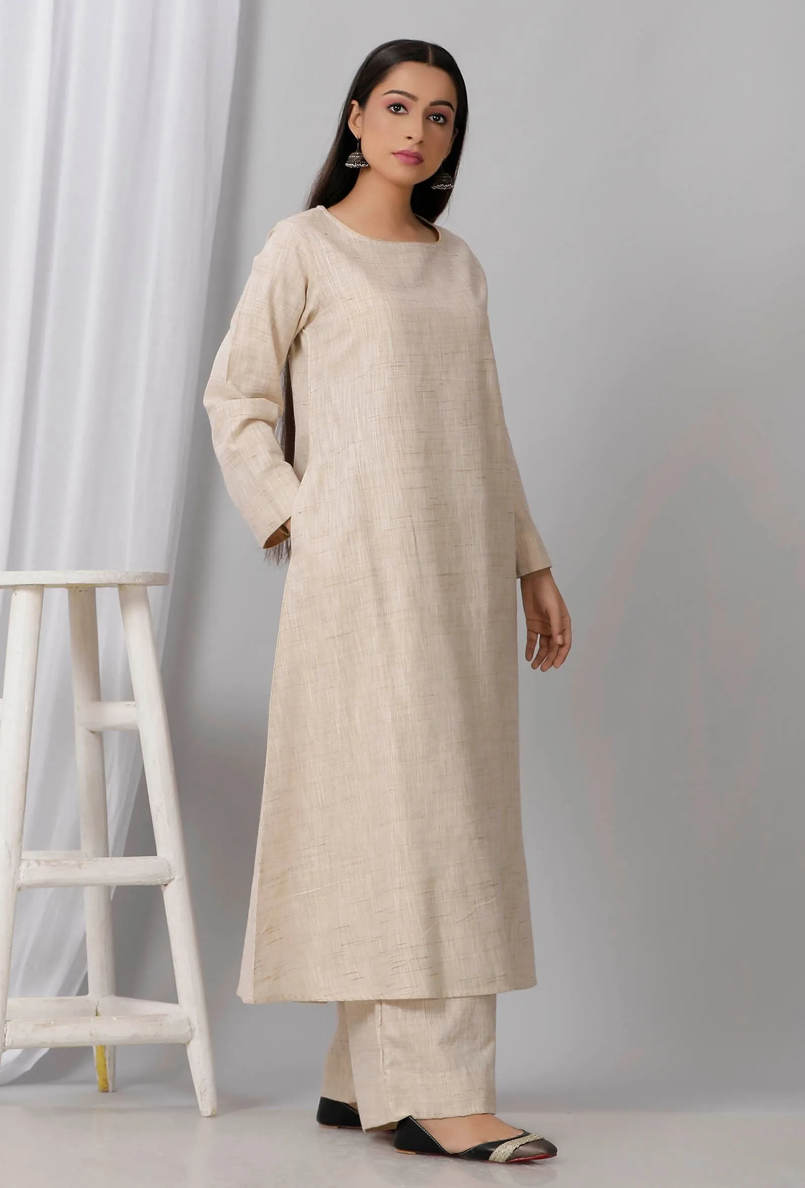 Set of 2: Beige Round Neck Cotton Khadi Kurta With Palazzo