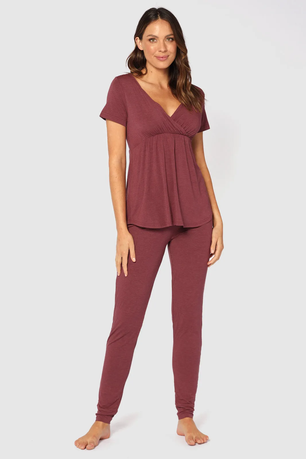 Short Sleeve Cross Front PJ Top - Burgundy