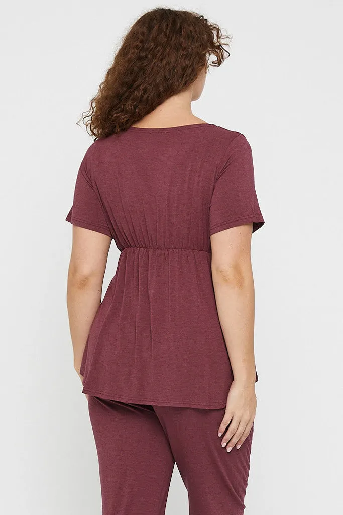 Short Sleeve Cross Front PJ Top - Burgundy