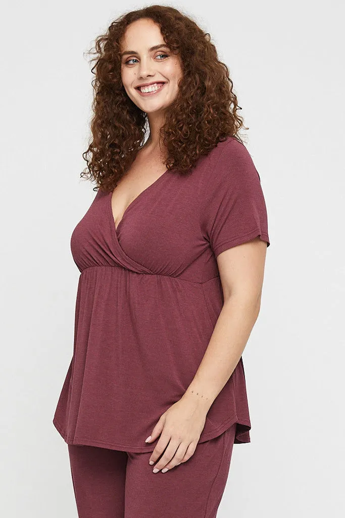 Short Sleeve Cross Front PJ Top - Burgundy