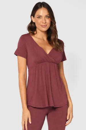 Short Sleeve Cross Front PJ Top - Burgundy