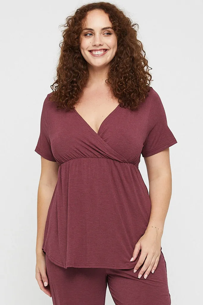 Short Sleeve Cross Front PJ Top - Burgundy