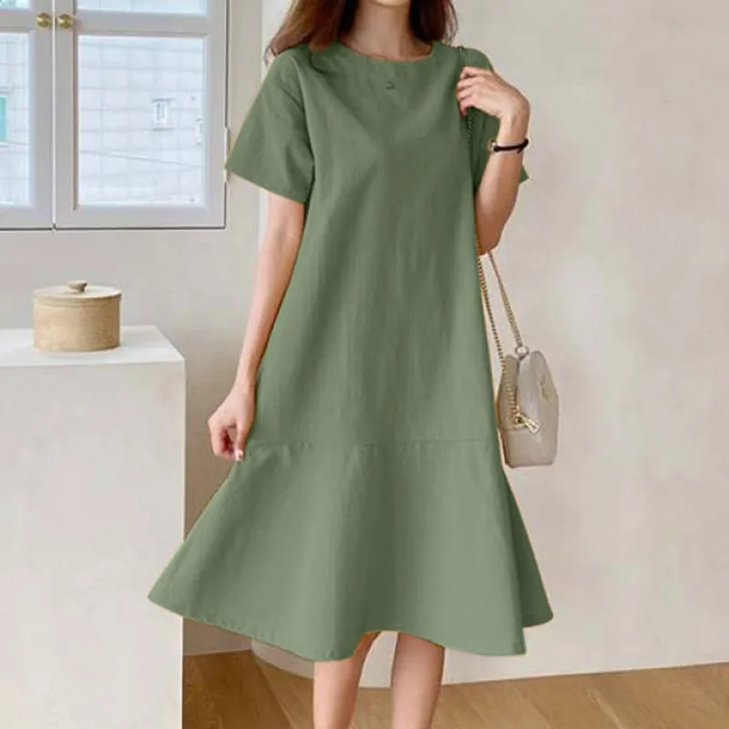 Stylish Elegant Work O-Neck Zipper Short Sleeve Summer Sundress