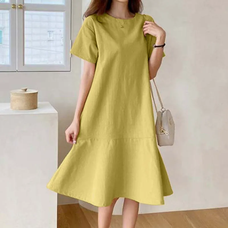 Stylish Elegant Work O-Neck Zipper Short Sleeve Summer Sundress