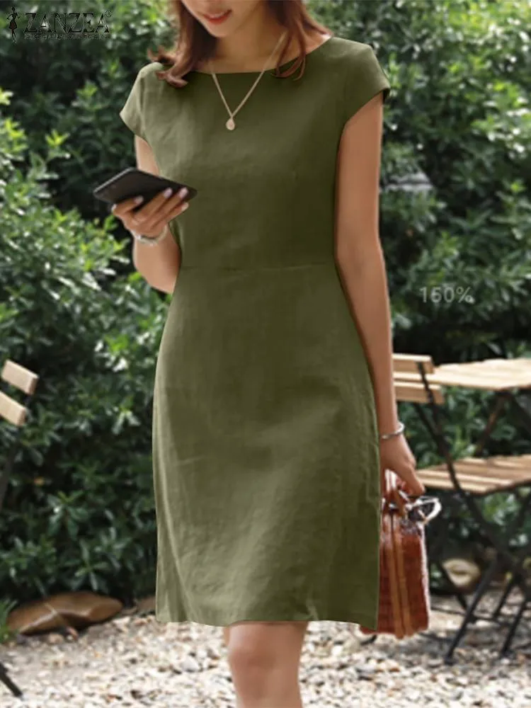 Stylish Elegant Work O-Neck Zipper Short Sleeve Summer Sundress