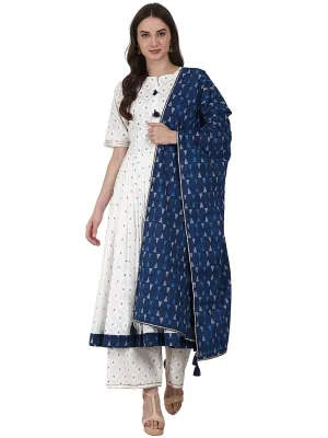 White Golden Butta Printed Anarkali Kurta & Plazzo With Blue Printed Dupatta