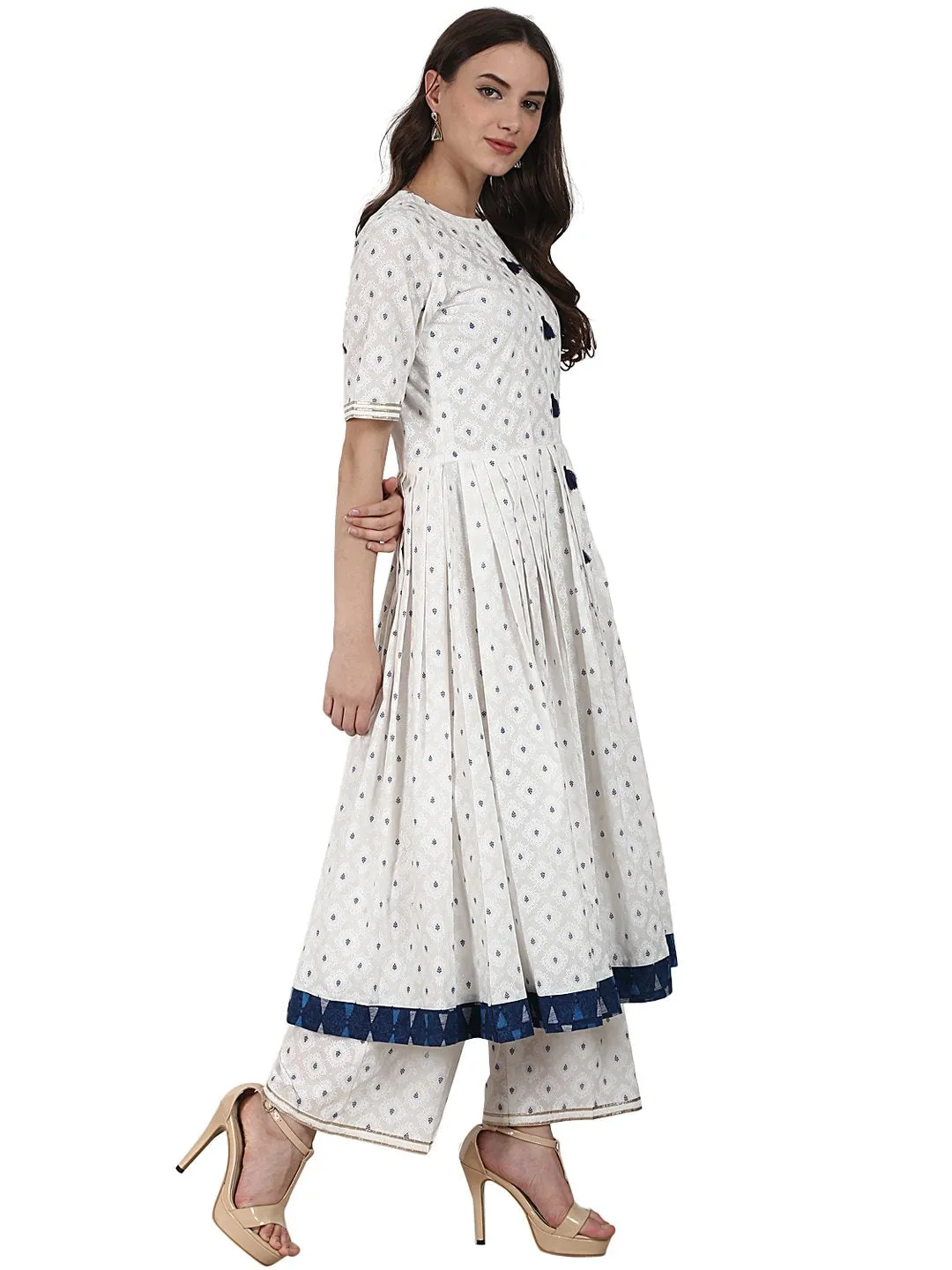 White Golden Butta Printed Anarkali Kurta & Plazzo With Blue Printed Dupatta