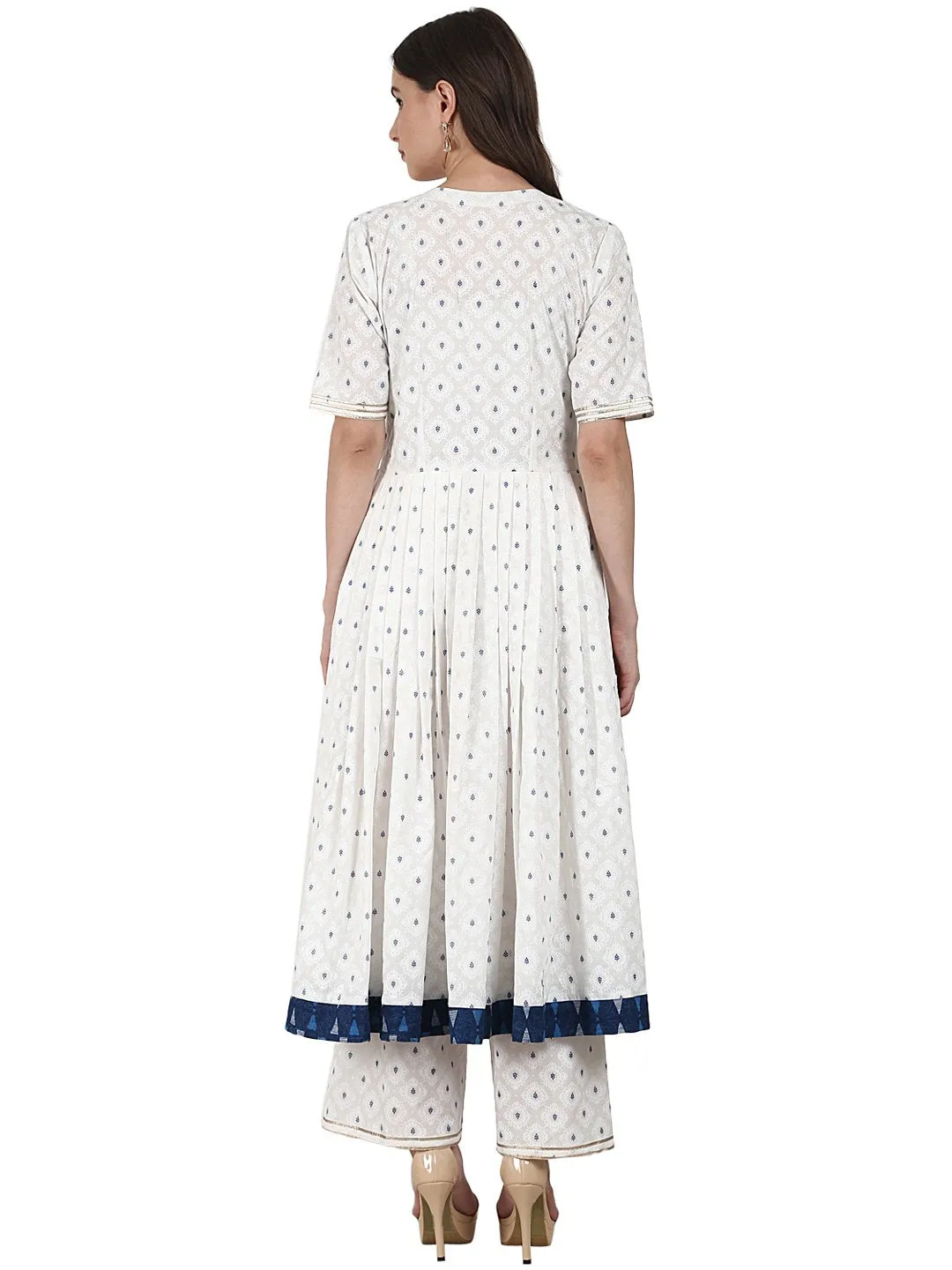 White Golden Butta Printed Anarkali Kurta & Plazzo With Blue Printed Dupatta