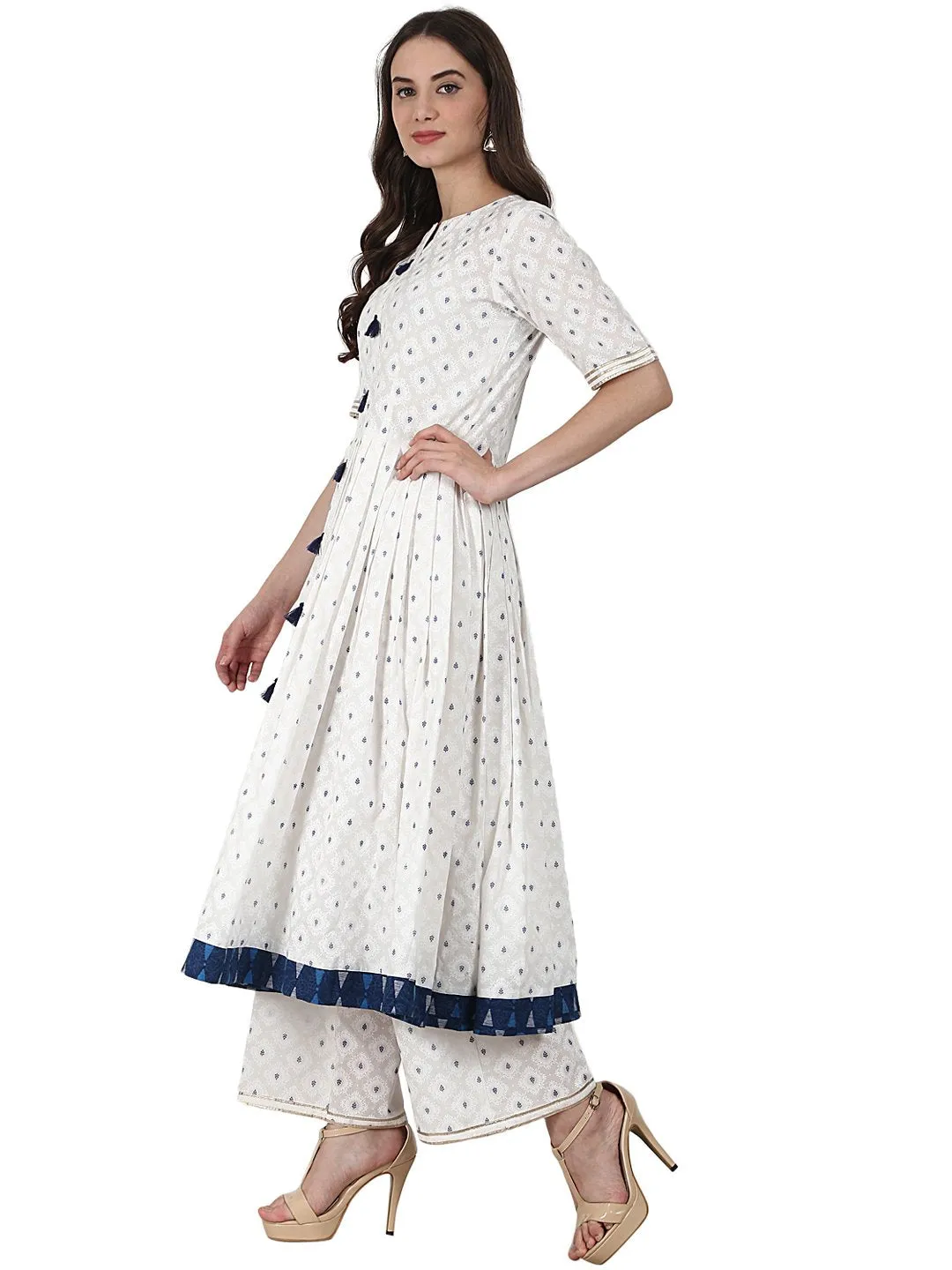 White Golden Butta Printed Anarkali Kurta & Plazzo With Blue Printed Dupatta