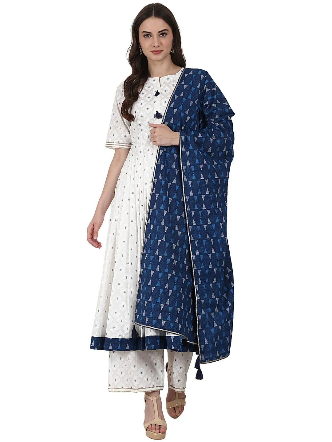 White Golden Butta Printed Anarkali Kurta & Plazzo With Blue Printed Dupatta