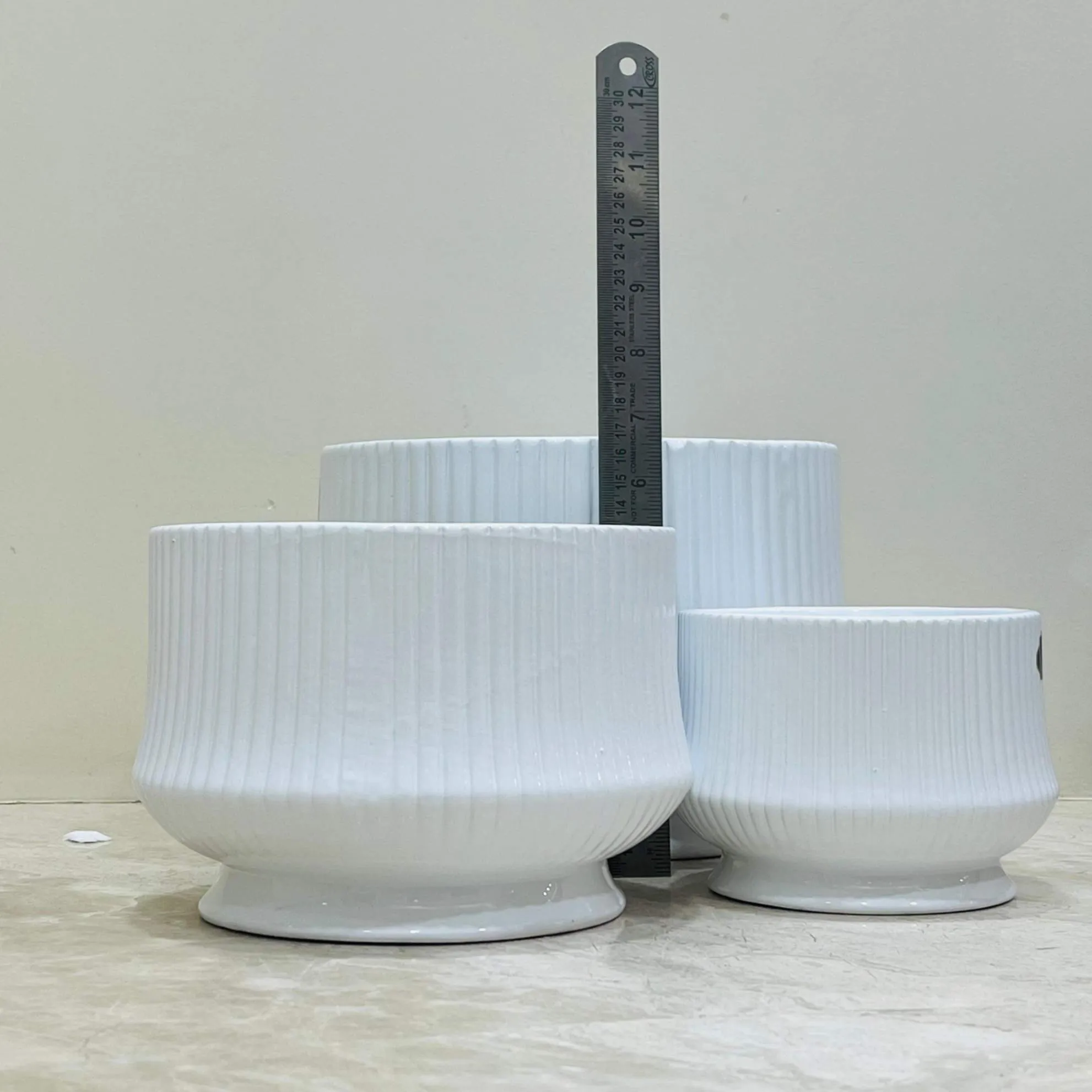 White Ribbed Ceramic Planter Set of 3 for Indoor Plants