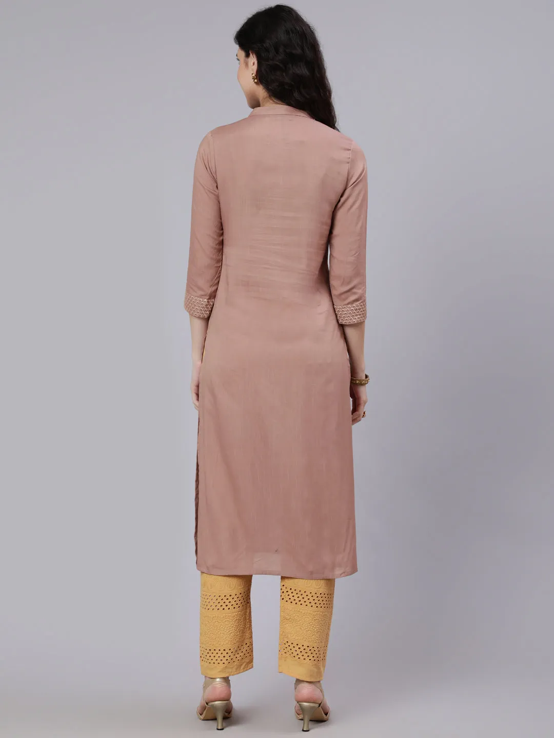 Women Beige Embroidered Yoke Design Straight Kurta