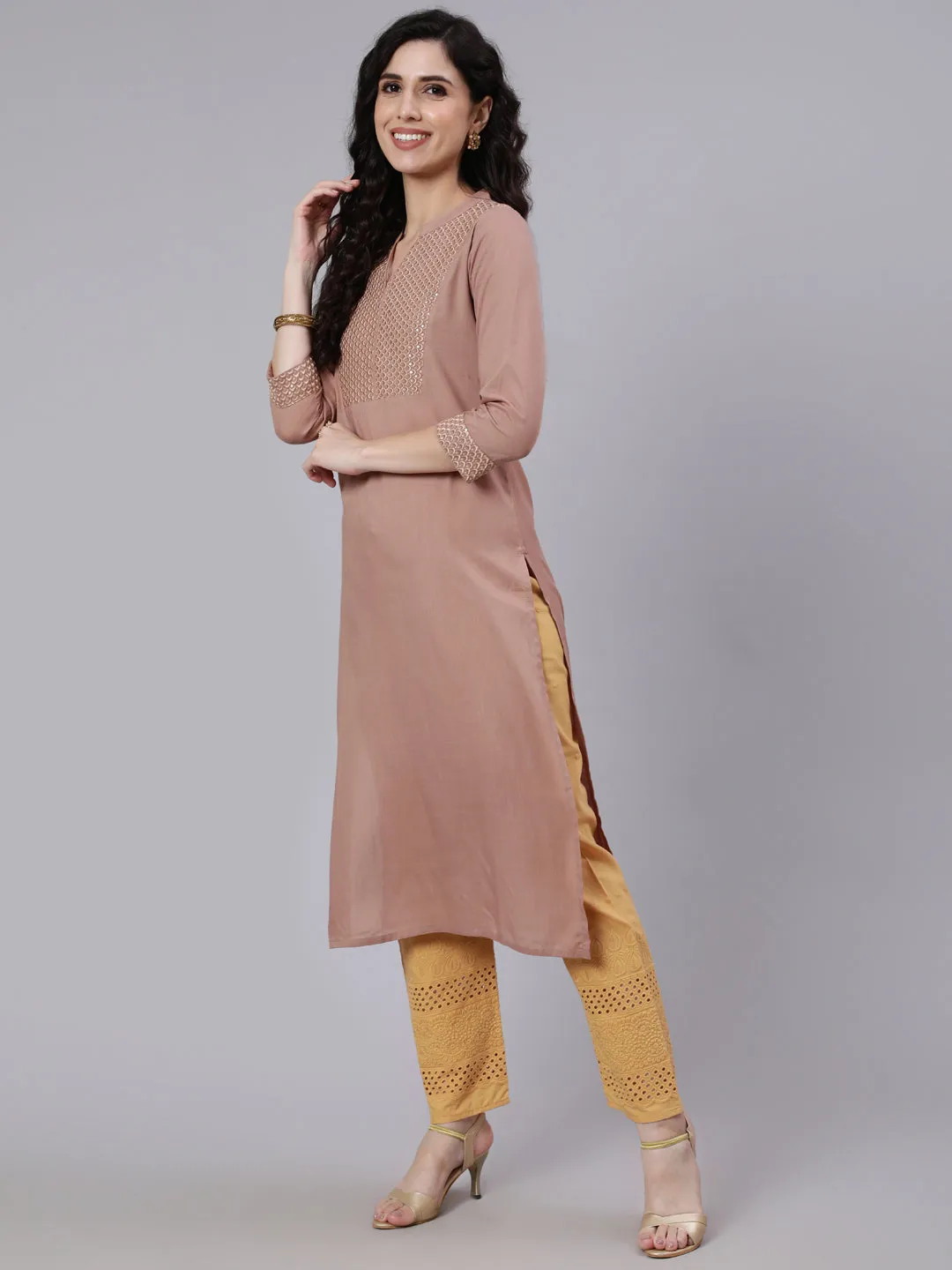 Women Beige Embroidered Yoke Design Straight Kurta