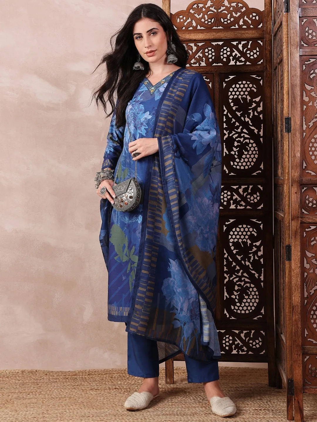 Women Blue Silk Blend Floral Printed Straight Kurta Trouser With Dupatta