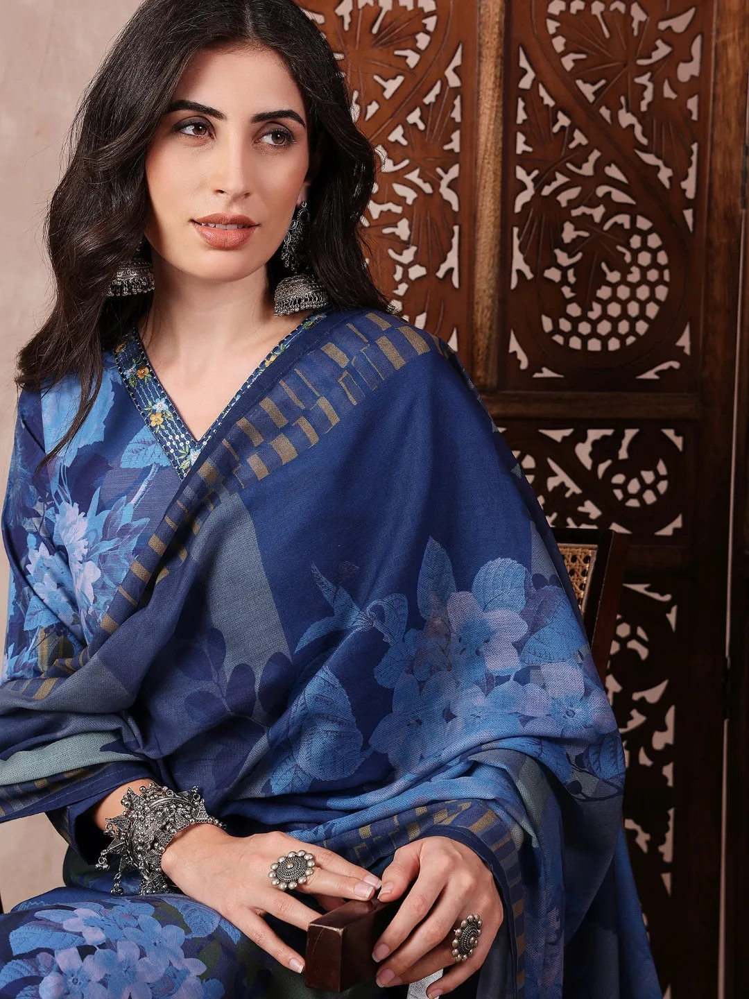 Women Blue Silk Blend Floral Printed Straight Kurta Trouser With Dupatta