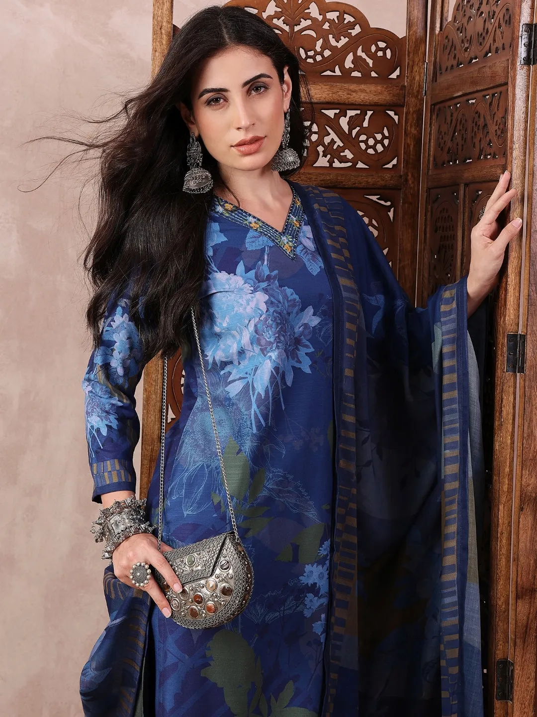 Women Blue Silk Blend Floral Printed Straight Kurta Trouser With Dupatta