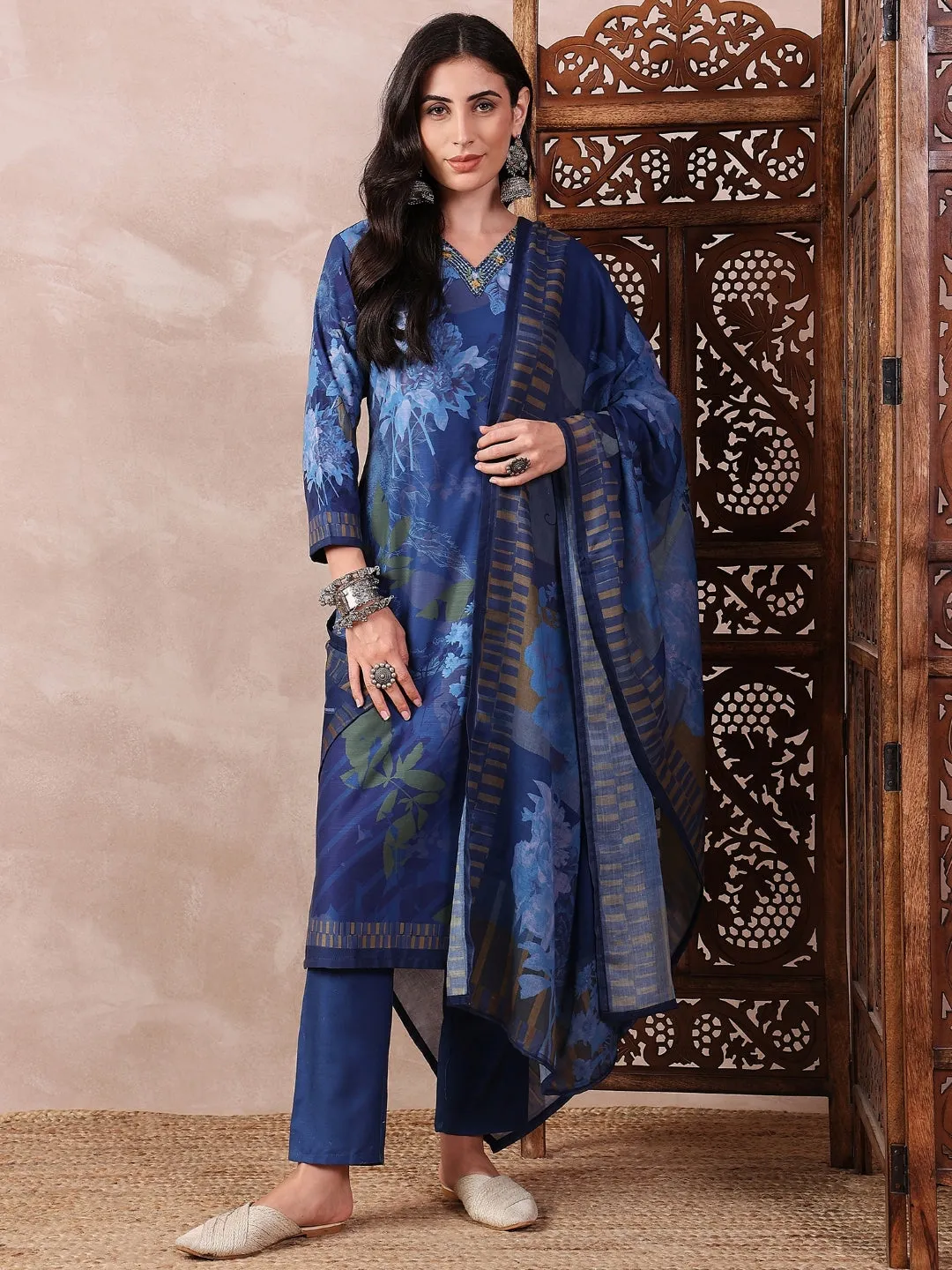 Women Blue Silk Blend Floral Printed Straight Kurta Trouser With Dupatta