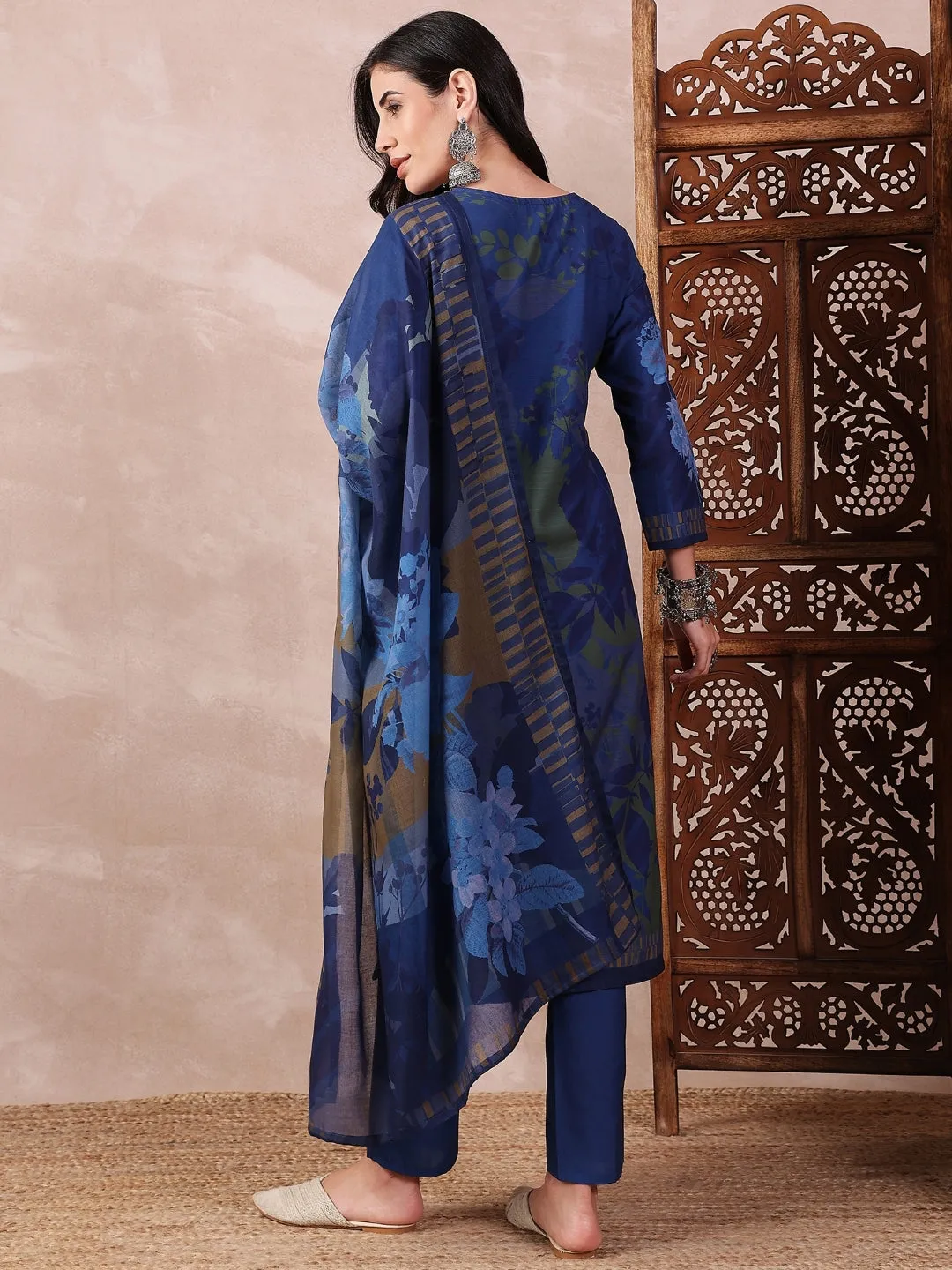 Women Blue Silk Blend Floral Printed Straight Kurta Trouser With Dupatta