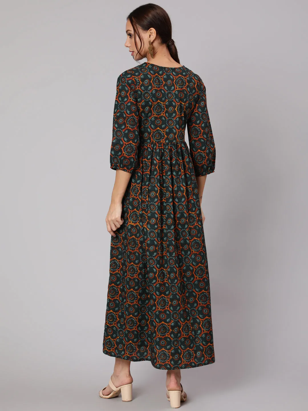 Women Green Abstrac Printed Gathered Dress With Three Quarter Sleeves