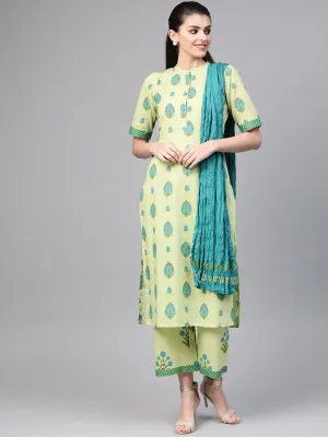 Women Green & Blue Straight Ethnic Motifs Printed Kurta And Palazzos Set