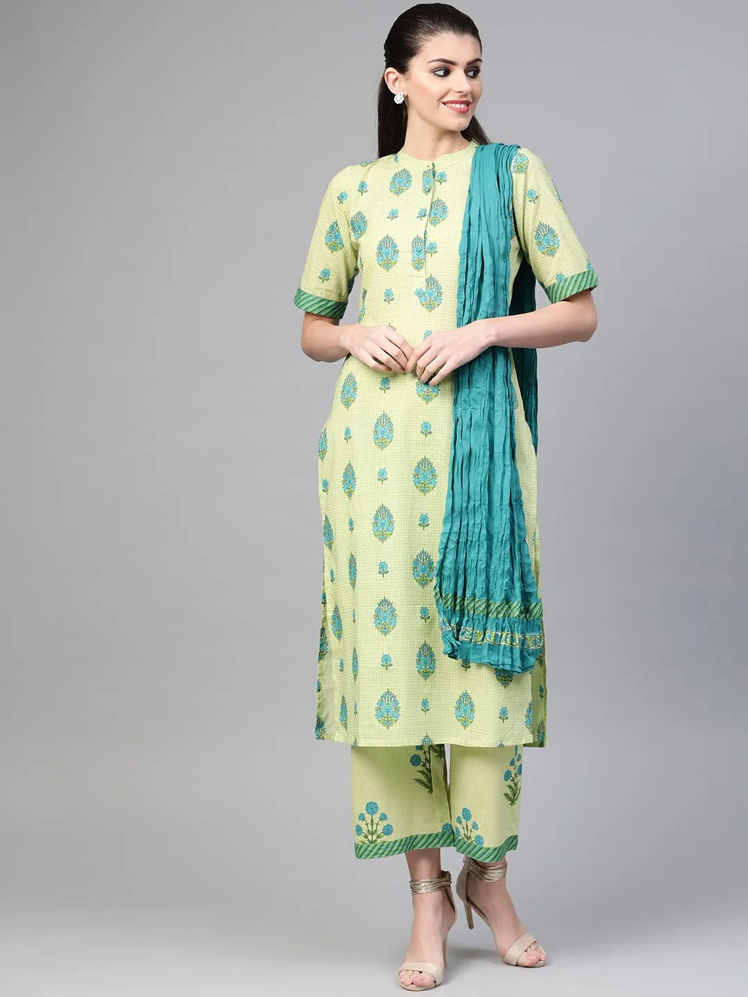 Women Green & Blue Straight Ethnic Motifs Printed Kurta And Palazzos Set