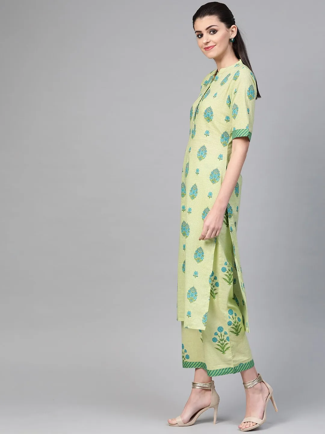 Women Green & Blue Straight Ethnic Motifs Printed Kurta And Palazzos Set