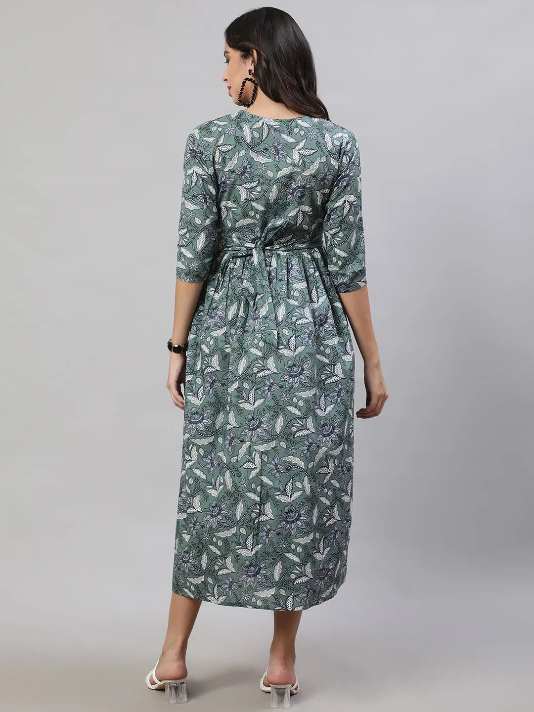 Women Green Printed Flared Maternity Dress