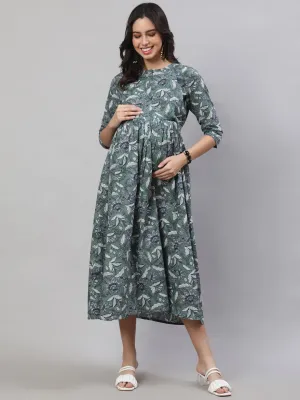 Women Green Printed Flared Maternity Dress