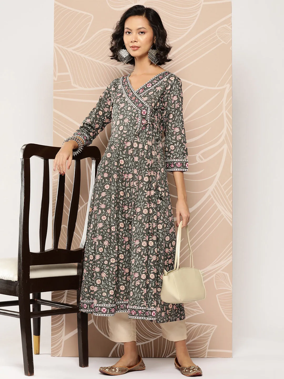 Women Military Green Pure Cotton Kurta