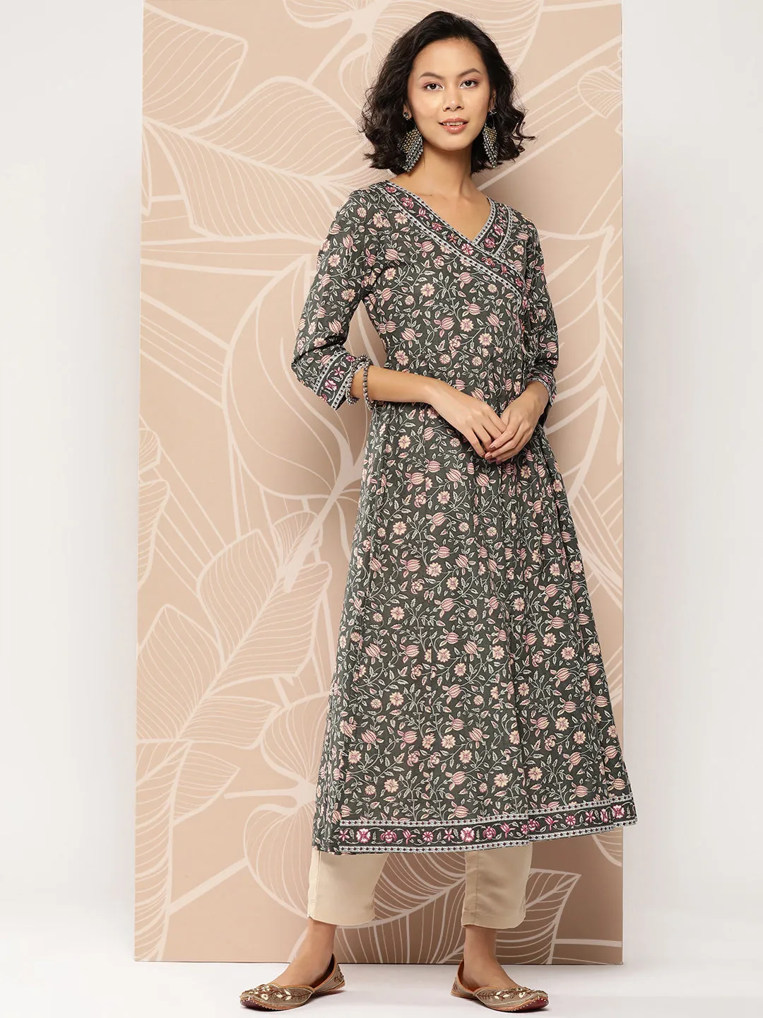 Women Military Green Pure Cotton Kurta