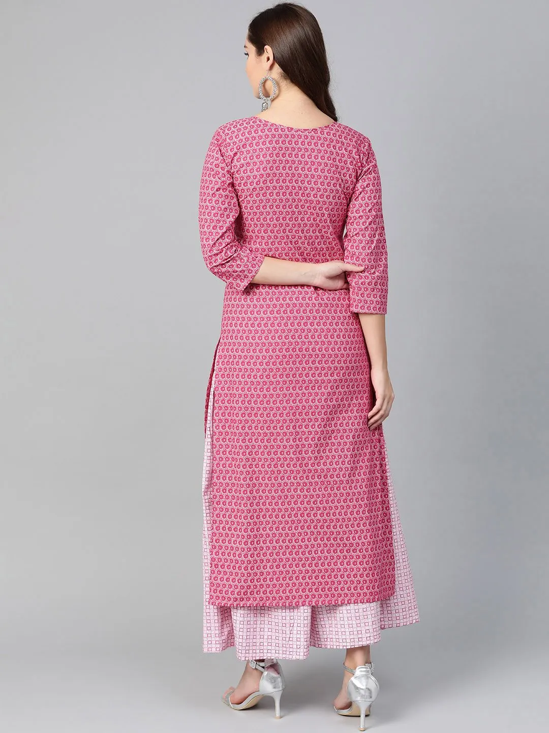 Women Pink & White Straight Floral Printed Kurta And Skirt Set