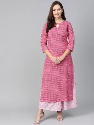 Women Pink & White Straight Floral Printed Kurta And Skirt Set