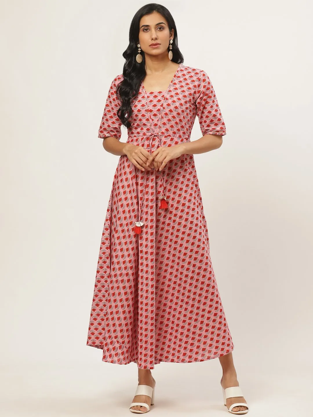 Women Pink Floral Printed Square Neck Cotton Fit And Flare Dress