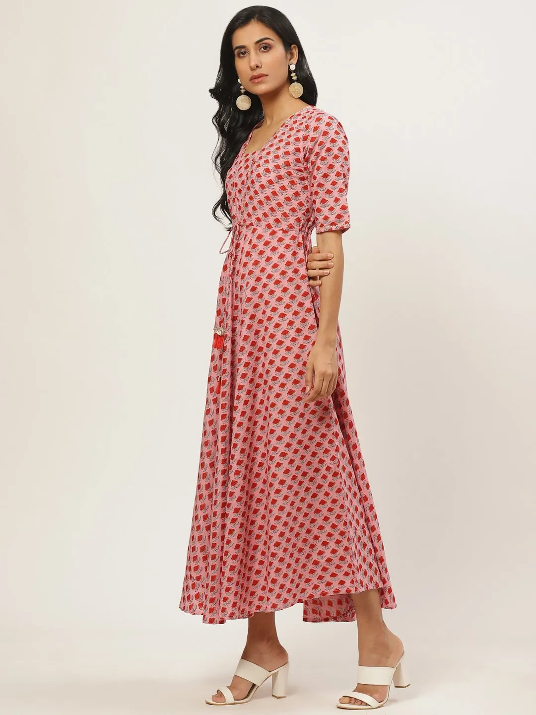 Women Pink Floral Printed Square Neck Cotton Fit And Flare Dress