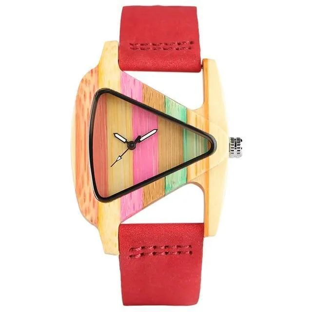 Women Wood Watches with leather band - Unique Colorful Wooden Triangle