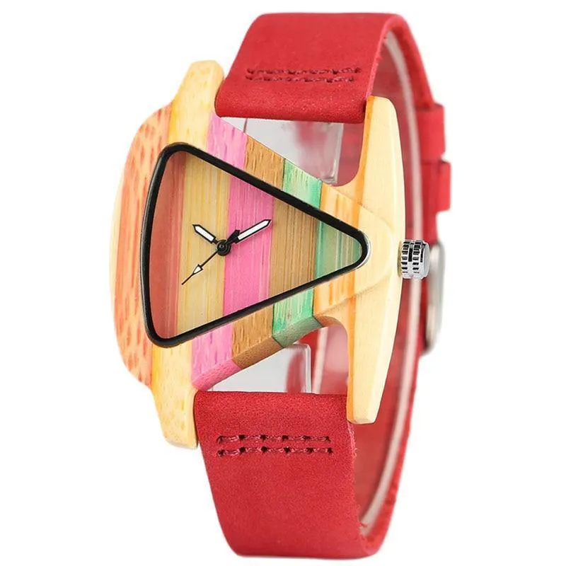 Women Wood Watches with leather band - Unique Colorful Wooden Triangle