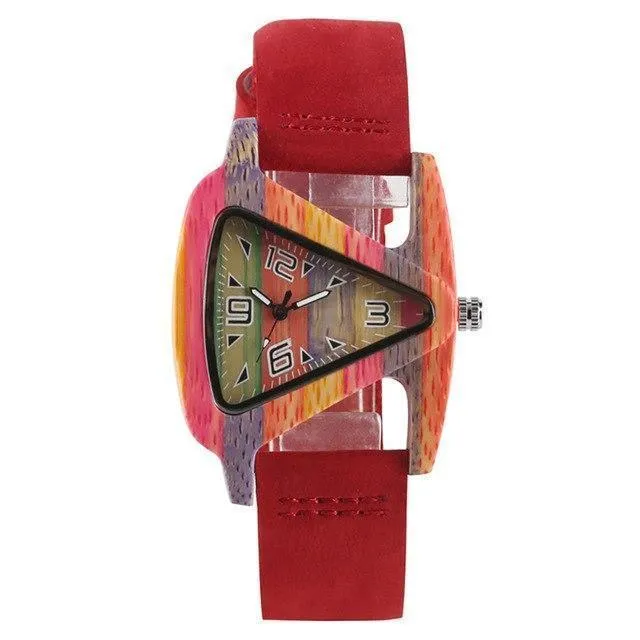 Women Wood Watches with leather band - Unique Colorful Wooden Triangle